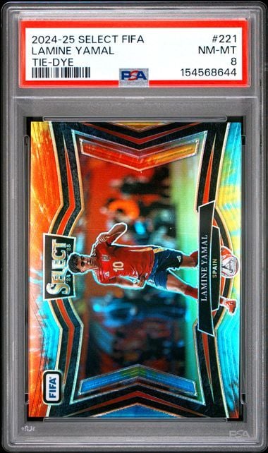 PSA-graded card in clear holder showing colorful tie-dye background with soccer player in red jersey, vibrant orange and blue borders.