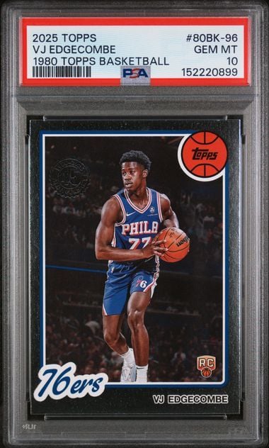 PSA-graded basketball card in plastic case showing VJ Edgecombe in Philadelphia 76ers uniform holding ball.
