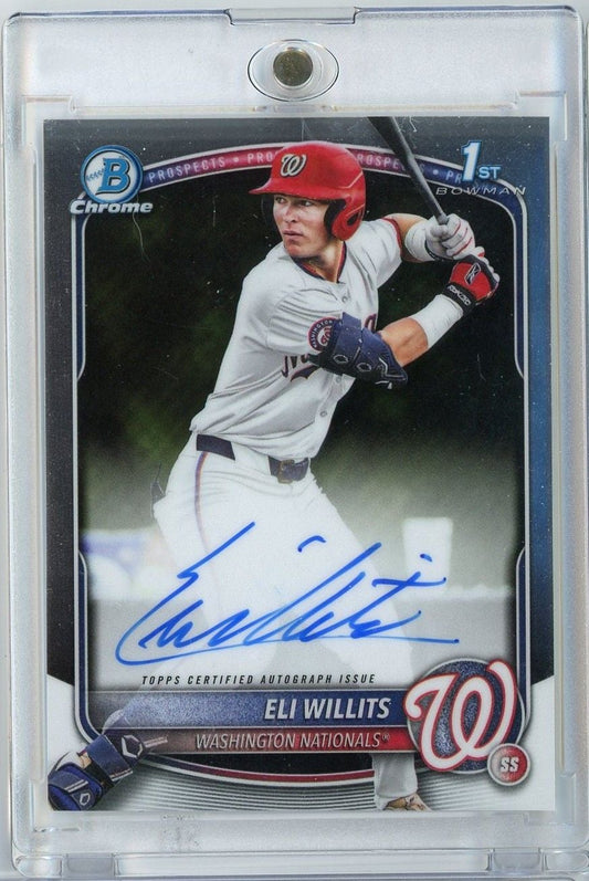 Signed 2025 Topps Bowman Chrome baseball card featuring Eli Willits in Washington Nationals uniform with blue autograph.