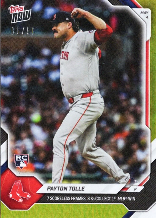 Payton Tolle in mid-pitch delivery wearing Boston Red Sox gray uniform on Topps Now baseball card with gold foil finish and RC logo.