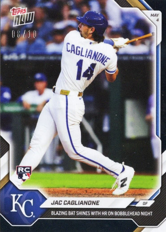 Baseball card showing Jac Caglianone mid-swing in white Kansas City Royals uniform, number 14, with blue text and Topps Now branding visible.