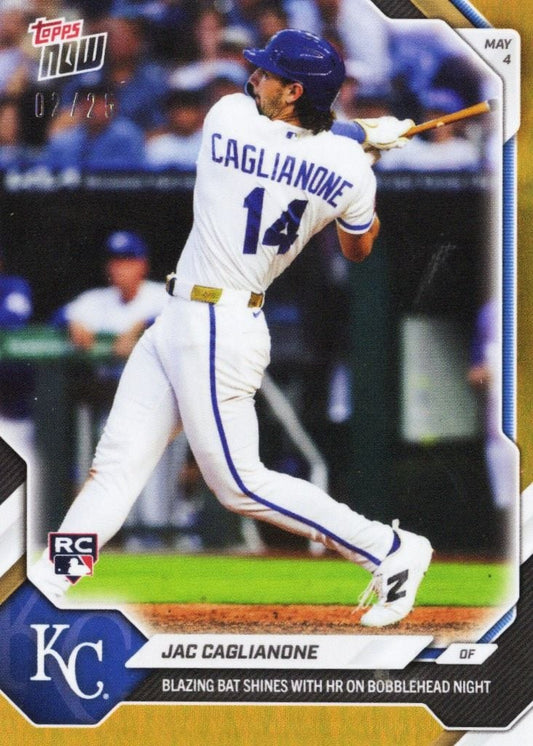 Baseball card showing Jac Caglianone mid-swing in white Kansas City Royals uniform number 14, with orange foil border and RC rookie designation.