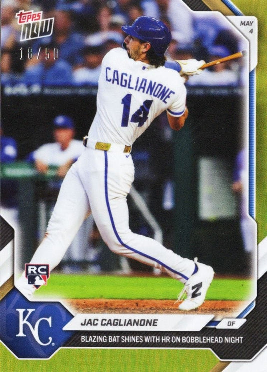 Baseball card showing Jac Caglianone mid-swing in white Kansas City Royals uniform, numbered 18/50 gold foil parallel.