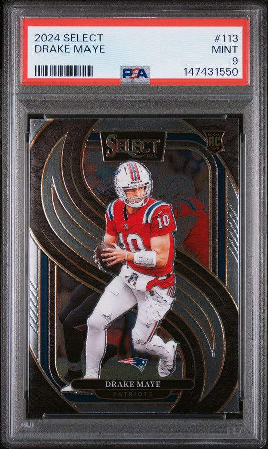 PSA-graded 2024 Panini Select Drake Maye rookie card in protective holder showing front with player in Patriots uniform.
