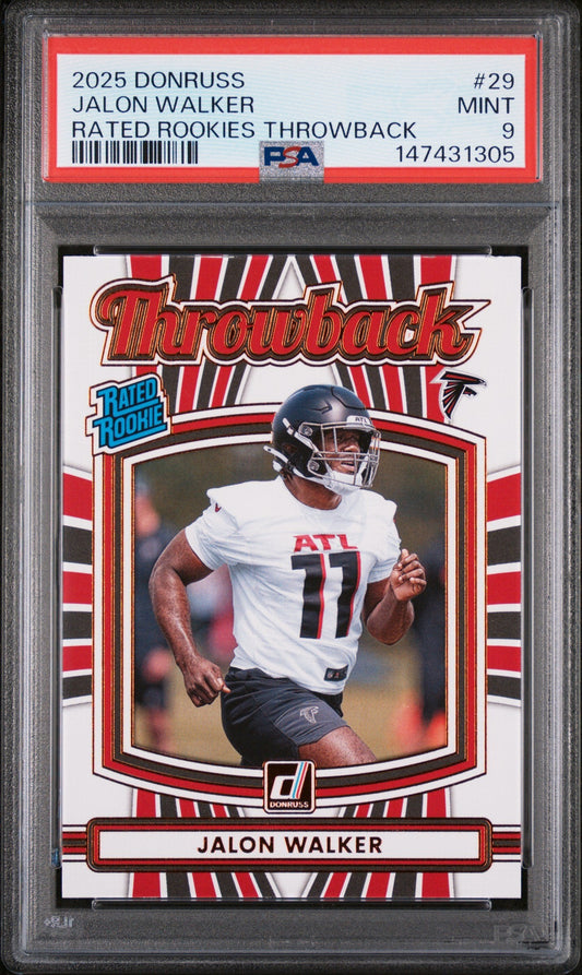 PSA-graded 2025 Donruss Jalon Walker rookie card in protective case showing front design with red striped border and player photo.