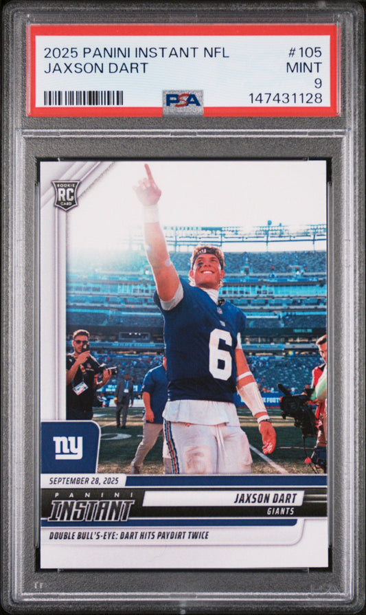 PSA-graded rookie card in clear case featuring Jaxson Dart in Giants uniform with arm raised, red label strip visible at top.