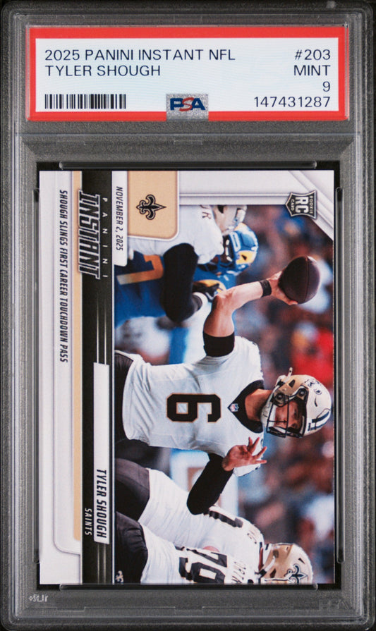 PSA-graded trading card in plastic case showing Tyler Shough football action photo with red label strip and authentication details.