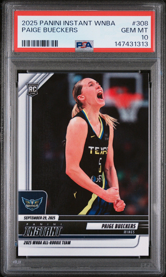 PSA-graded rookie card in clear plastic holder showing Paige Bueckers in black Wings jersey with red PSA label at top.
