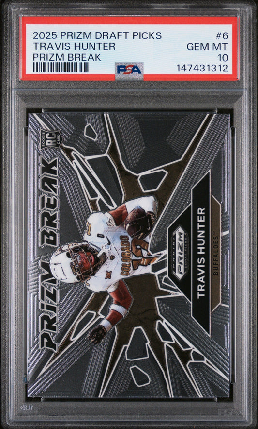 PSA-graded trading card in clear case displaying Travis Hunter in white and red uniform against black background with silver geometric design elements and card text visible.