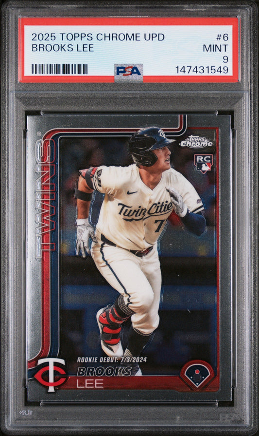PSA-graded baseball card in protective holder showing Brooks Lee in Twin Cities uniform at bat, with red label and Mint 9 rating visible.
