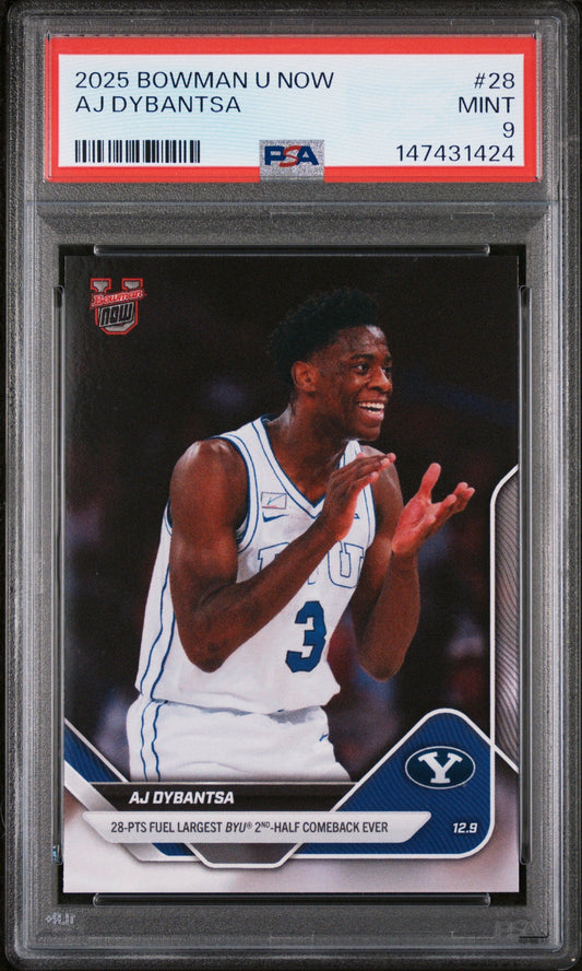 PSA-graded 2025 Bowman U Now AJ Dybantsa rookie card in clear plastic holder with red label showing Mint 9 rating.