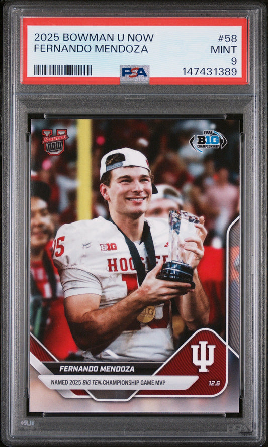Front of graded PSA 9 Mint trading card showing Fernando Mendoza in Indiana University football uniform holding Big Ten Championship MVP trophy.