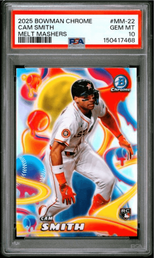PSA-graded baseball card in protective case showing Cam Smith in Astros uniform against colorful red and yellow background design.
