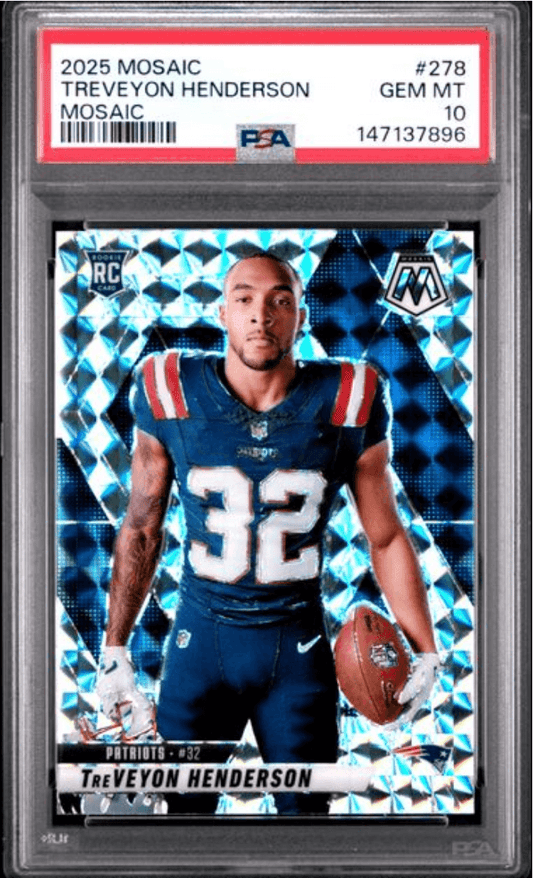 PSA-graded 2025 Mosaic TreVeyon Henderson rookie card in protective case with red label showing card number 278 and Gem Mint 10 rating.