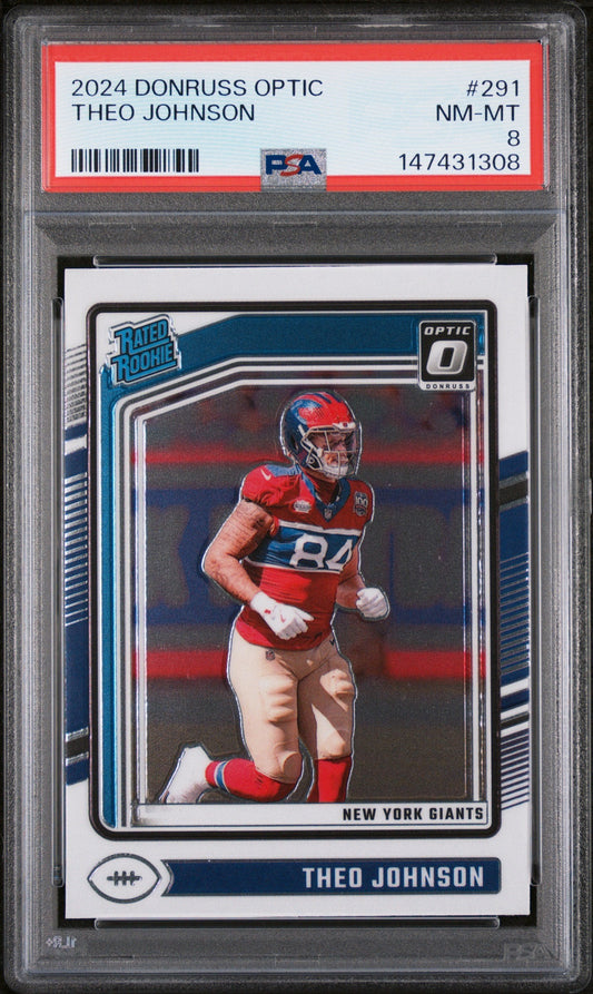 PSA-graded 2024 Donruss Optic Theo Johnson rookie card in plastic holder, front view showing player in New York Giants red uniform number 84.