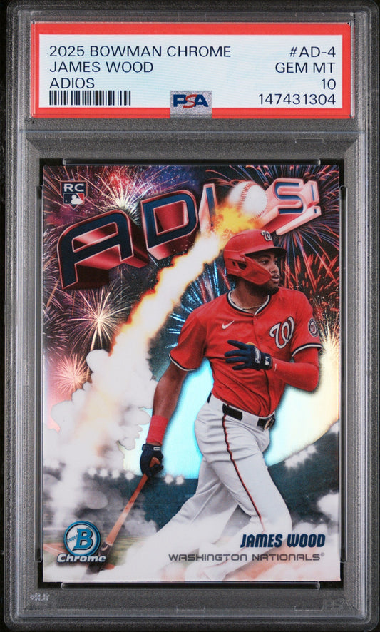 PSA-graded 2025 Bowman Chrome James Wood rookie card in clear case showing front with red Nationals uniform and "AD-4" text on fireworks background.