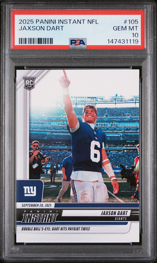 PSA-graded trading card in plastic case showing Jaxson Dart in Giants uniform pointing skyward in stadium, with red label and grade 10 visible at top.