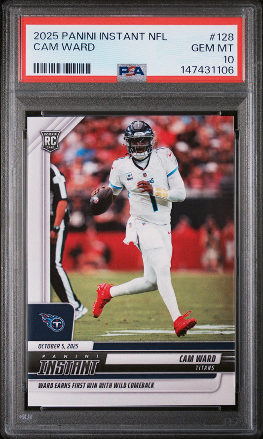 PSA-graded 2025 Panini Instant Cam Ward rookie card #128 in red-bordered slab showing quarterback in white Titans uniform running with football.