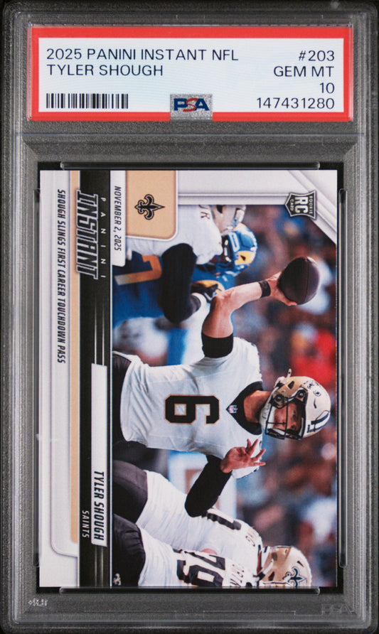 PSA-graded trading card in clear case showing Tyler Shough football card with red label stripe and barcode at top.