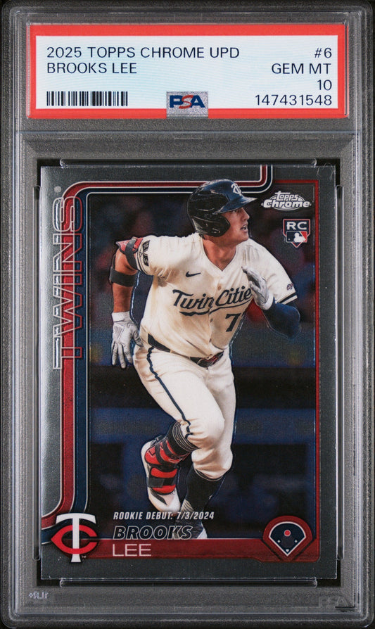 PSA-graded rookie card in protective case showing Brooks Lee in Twin Cities uniform at bat, with red and black border design and RC logo.