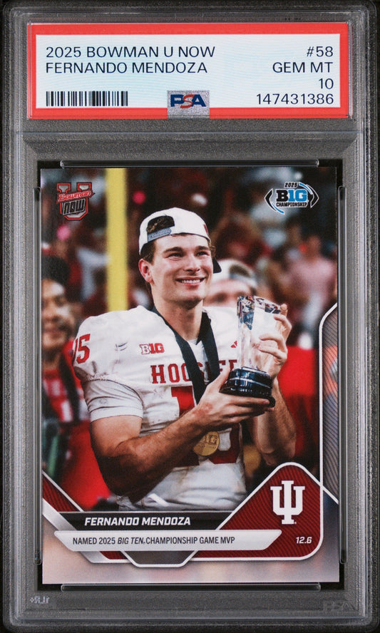 PSA-graded trading card in clear plastic case showing Fernando Mendoza in white Indiana football uniform holding championship trophy and medal.
