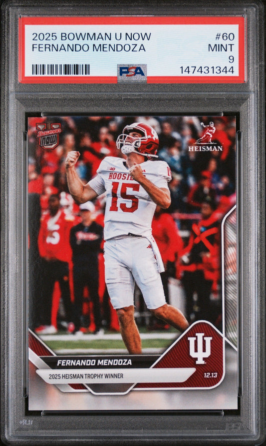 PSA-graded mint condition football card in clear case showing Fernando Mendoza in Indiana uniform, front view with grading label.