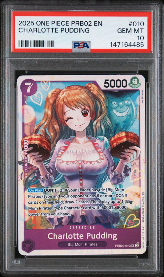 PSA 10 graded Charlotte Pudding trading card in clear plastic case, showing anime character holding desserts with purple border and game text.