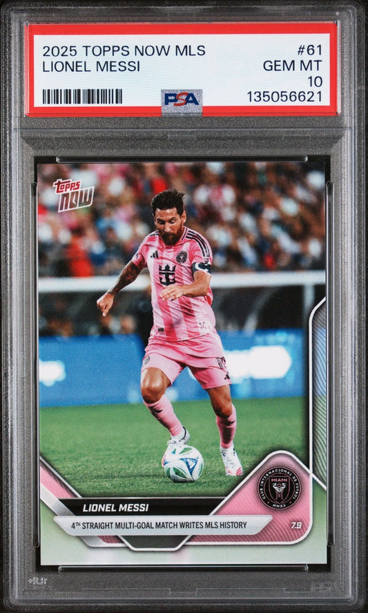 PSA-graded trading card in clear plastic holder showing Lionel Messi in Inter Miami pink jersey dribbling soccer ball, with red grading label and PSA 10 rating visible at top.