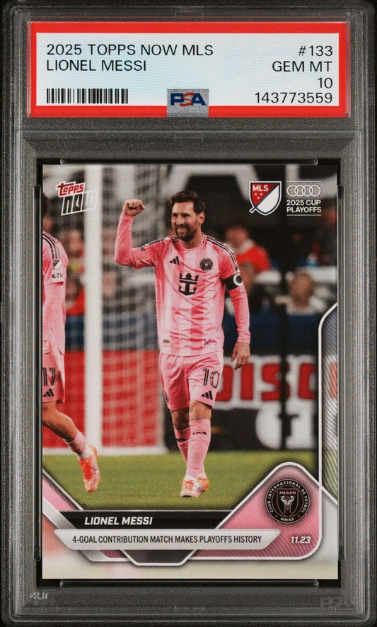 PSA-graded trading card in plastic case showing Lionel Messi in pink Inter Miami jersey with fist pump gesture on field.