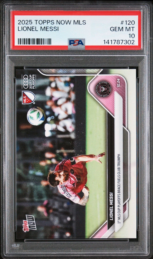 PSA-graded trading card in plastic case showing Lionel Messi in red jersey on soccer field with pink and black design elements.
