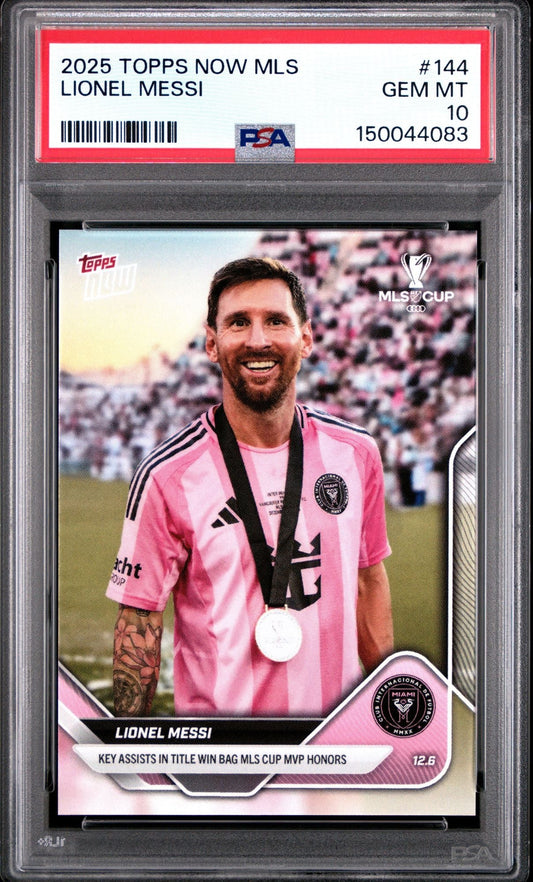 PSA-graded trading card in clear plastic case displaying Lionel Messi in pink Inter Miami jersey holding MLS Cup medal.