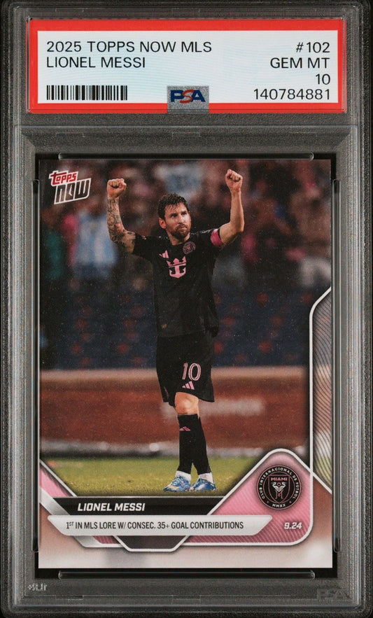 PSA-graded sports card in plastic case showing Lionel Messi in black Inter Miami jersey with arms raised, red label with card details visible at top.