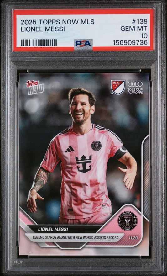 PSA-graded sports card in clear plastic holder showing Lionel Messi in pink Inter Miami jersey with red grading label and certification number visible.