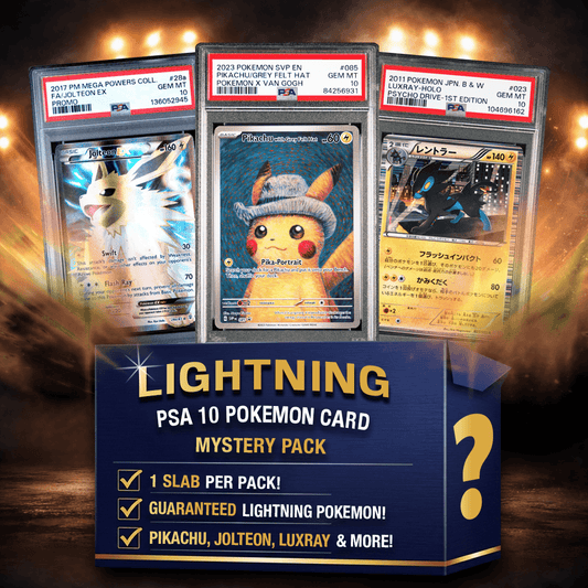 Three PSA 10 graded Pokémon cards displayed in slabs against dramatic lighting, featuring Jolteon, Pikachu, and Luxray with blue mystery pack box below.