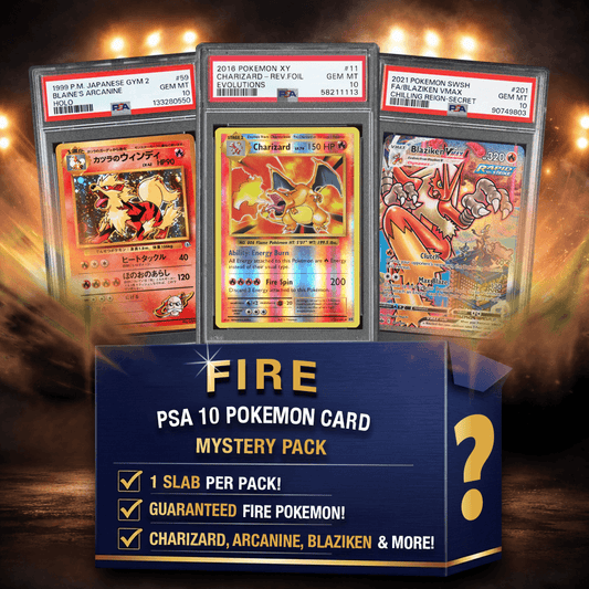 Three PSA 10 graded fire-type Pokémon cards in slabs displayed against a golden-lit background with blue mystery pack text below.