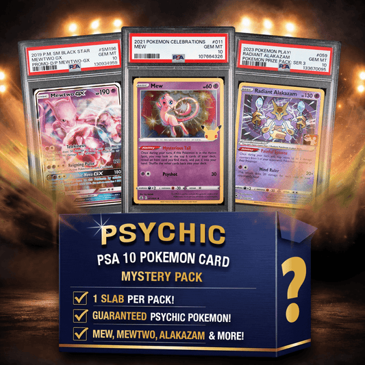 Three PSA 10 graded Psychic-type Pokémon cards in slabs displayed against glowing background with blue mystery pack box highlighting Mew, Mewtwo, and Alakazam.
