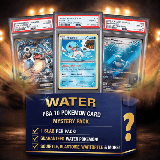 Three PSA 10 graded Water-type Pokémon cards displayed in slabs against dramatic lighting with blue mystery pack promotional text below.