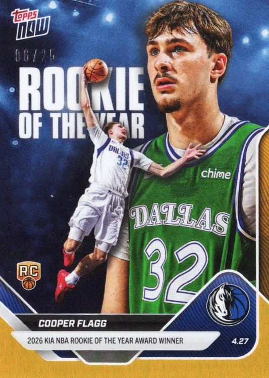 Topps Now rookie card front showing Cooper Flagg in Dallas Mavericks green jersey number 32 with basketball and "Rookie of the Year" text on blue starry background.