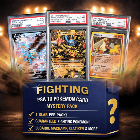 Three PSA 10 graded fighting-type Pokémon cards displayed in slabs above blue mystery pack box with gold text and question mark.