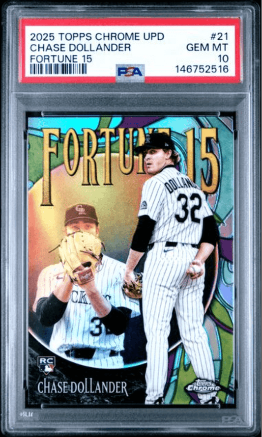 Front of graded PSA 10 baseball card in clear case showing Chase Dollander in white pinstriped uniform with Fortune 15 gold text overlay.