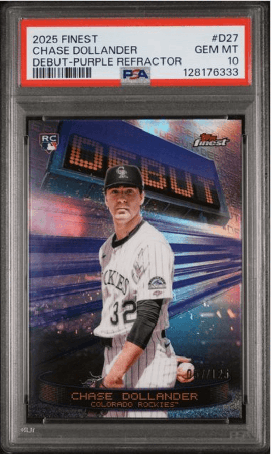 PSA-graded Chase Dollander rookie card in protective case showing player in Colorado Rockies uniform with red label and certification details.