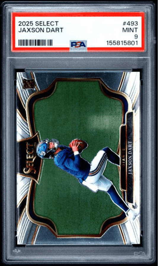 PSA-graded trading card in clear case showing Jaxson Dart in blue uniform catching football against green field background with gold-bordered frame design.
