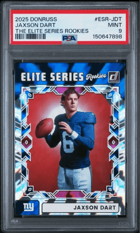 PSA-graded 2025 Donruss Elite Series Rookies Jaxson Dart football card in plastic holder, showing player in blue Giants jersey against red background.