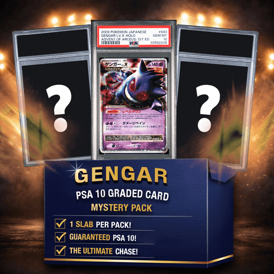 Gengar PSA 10 graded card in protective slab displayed between two mystery pack sleeves with dramatic lighting and blue promotional text below.
