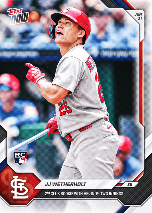 Baseball card front showing JJ Wetherholt in St. Louis Cardinals gray uniform mid-swing, looking upward, wearing red helmet and gloves.