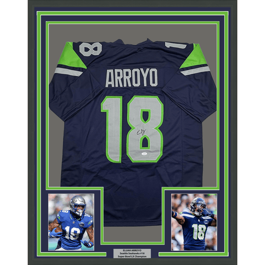 Navy blue Seattle Seahawks jersey number 18 with "ARROYO" nameplate, framed with green borders and two action photos below.