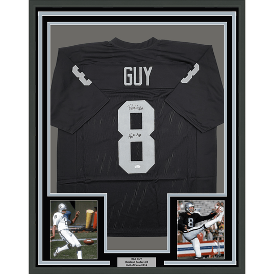 Black Oakland Raiders #8 jersey signed by Ray Guy, framed with two action photos and Hall of Fame 2014 nameplate.