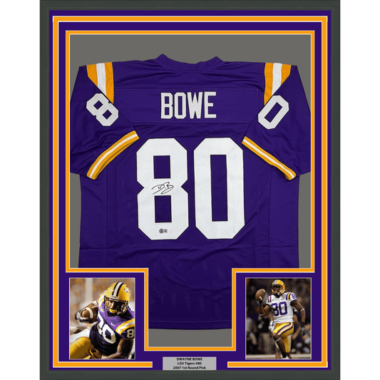 Framed purple LSU football jersey number 80 with "BOWE" nameplate, signed, displayed with two action photos and nameplate below.