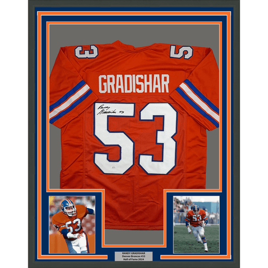 Framed orange Denver Broncos jersey number 53 with "GRADISHAR" printed across chest, flanked by two player action photographs and nameplate below.