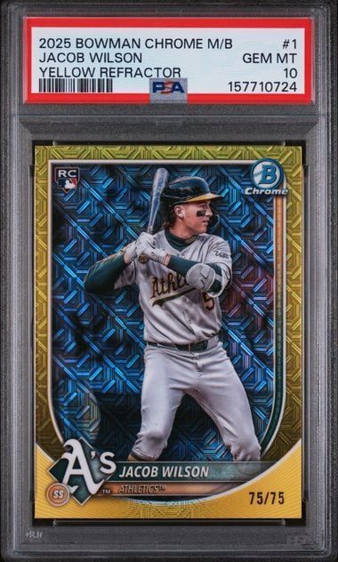 PSA-graded 2025 Bowman Chrome Jacob Wilson rookie card featuring gold and blue refractor design with player batting stance.